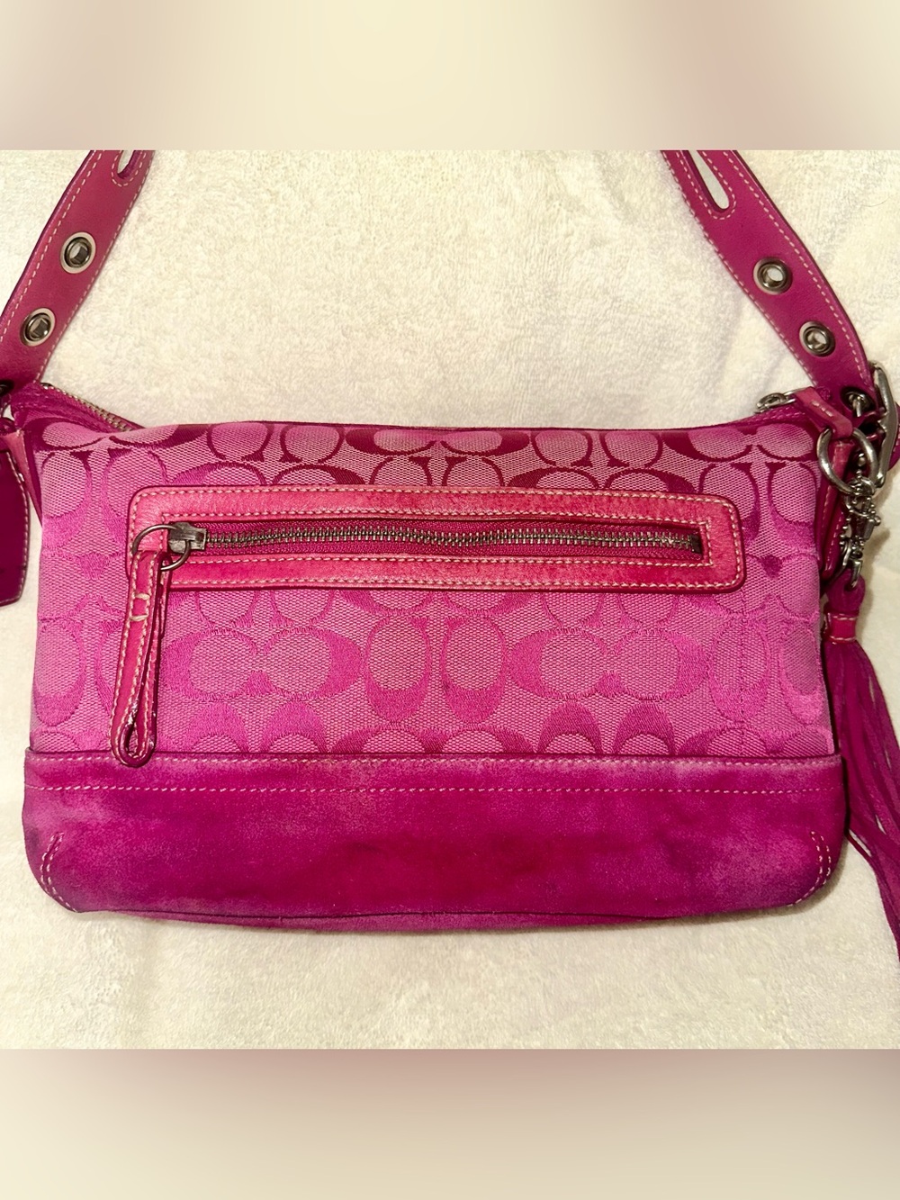 Vintage Coach Pink Signature C Monogram Suede Tassel Shoulder Bag - Condition